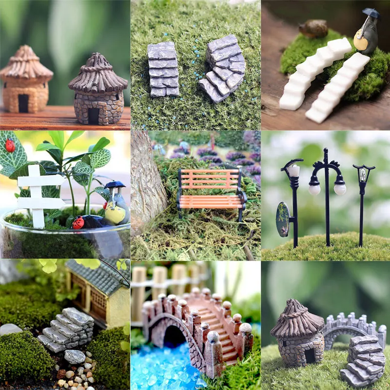 Mini Craft Figurine Bend Bridge House Mushroom Fence Plant Pot Garden Ornament Miniature Fairy Garden Decor DIY