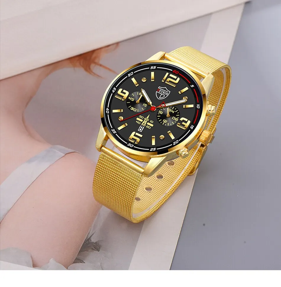 Sf410cea5330448cda8628348f5854d325 2PCS Fashion Mens Business Sports Watches Male Casual Stainless Steel Mesh Belt Quartz Watch Men Necklace Wrist Watch Mallzona