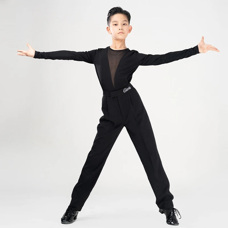 New Latin Dance Performance Costumes Boys V-Neck Mesh Tops Black Pants Suit Kid's Rumba Tango Dance Training Clothing XH948