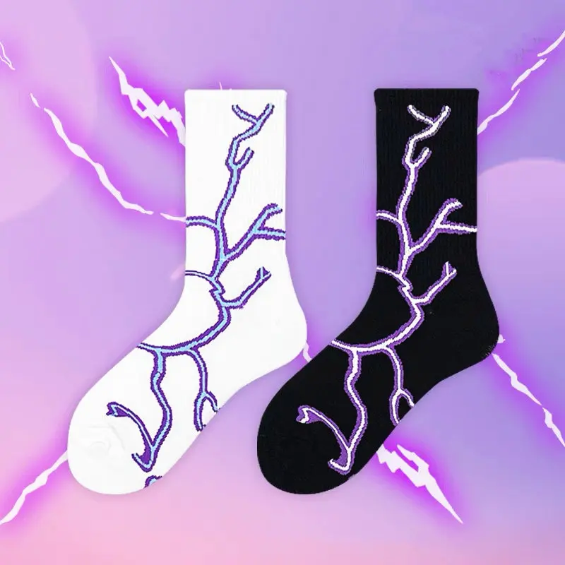 

Women's Mid Tube Socks Purple Lightning Four Seasons Hip Hop Trendy Sports Couples Knitted Long Socks Cotton Comfortable Men