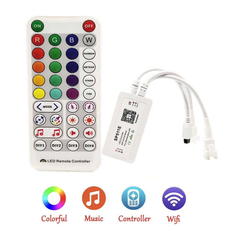 SP511E WiFi Music Controller for WS2812b WS2811 SK6812 Addressable LED Pixel RGB Strip Dual Output Alexa Smart Voice APP Control dc5v ws2812b individually addressable 5050 rgb led strip and sp511e music controller bluetooth dual output eu us uk au power kit