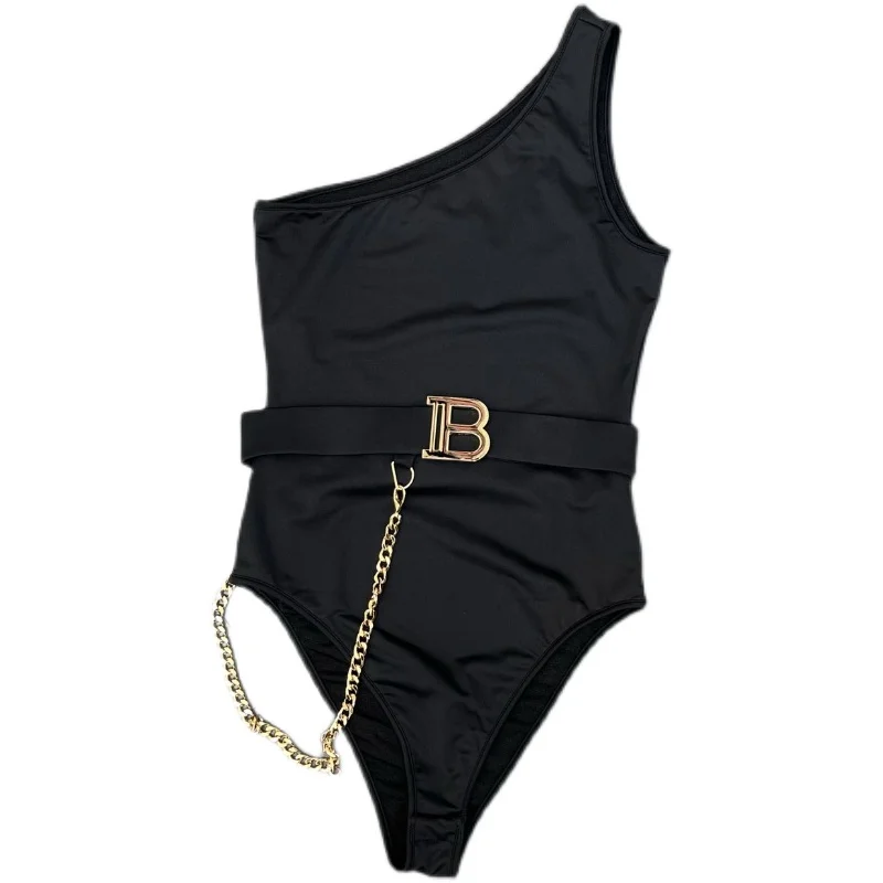 Fashionable Bodysuits 2023 Summer New One-Shoulder Waist Chain Letter Belt Sexy Hot Girl Style One-Piece Vest for Women Jumpsuit
