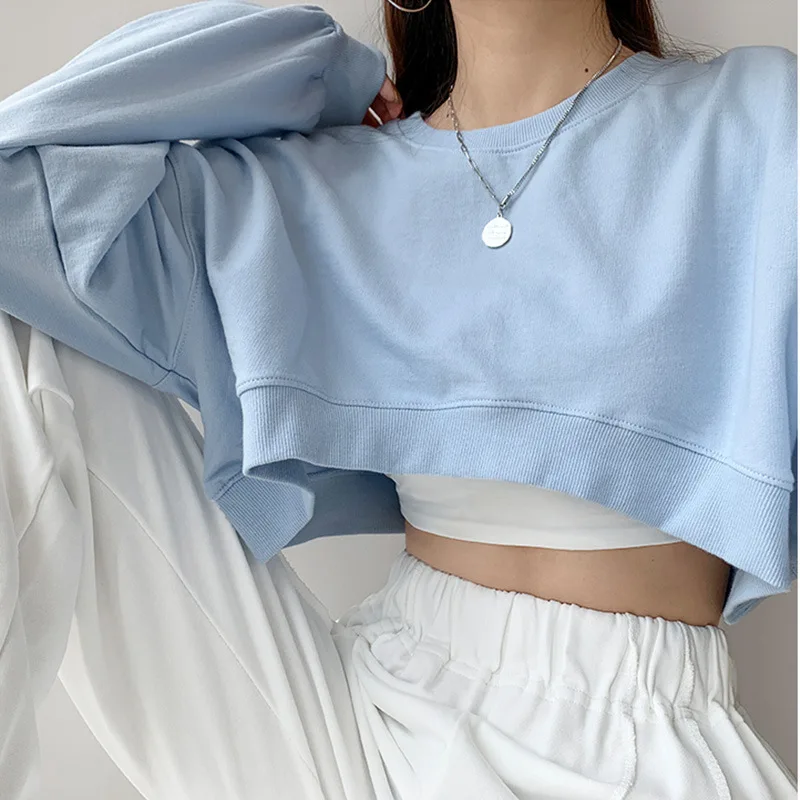 Korean Fashion Short Sweatshirts Women Sexy Solid Color Loose Crop Tops Woman Casual Streetwear Plus Size Pullovers Female 3