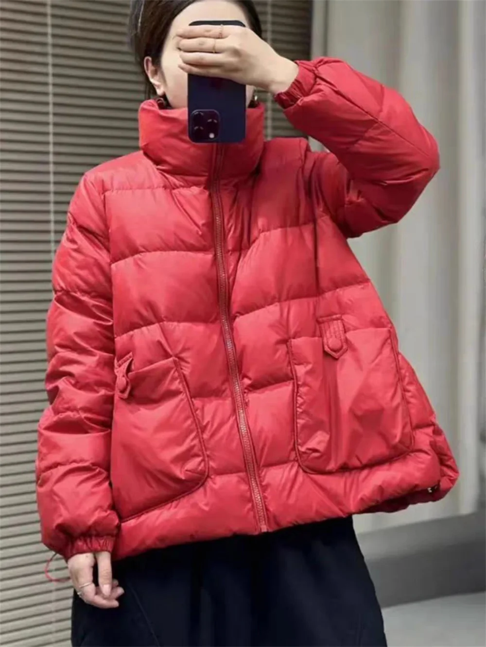 Fashionable  Versatile Down Jacket For Women With Standing Neck and Large Pockets, Thickened Casual and Loose Fitting, Slimmi