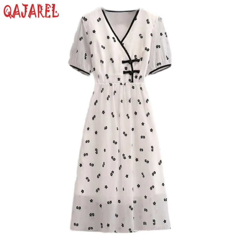 

Summer White Floral Chiffon V-Neck Midi Dress Women New Boho Fashion Light Casual Beach Dress 2024 Korean Elegant Bodycon Dress