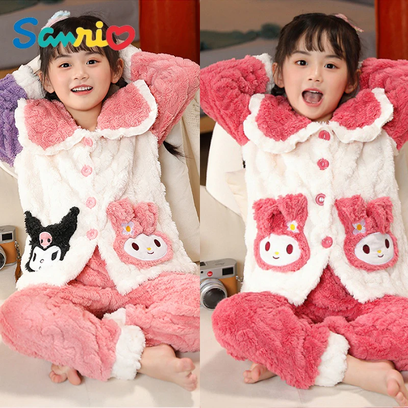 

Sanrios My Melody Cinnamoroll Kuromi Hellokittys Coral Fleece Kids Pajamas Autumn Winter Flannel Thickened Girl Home Clothes Set