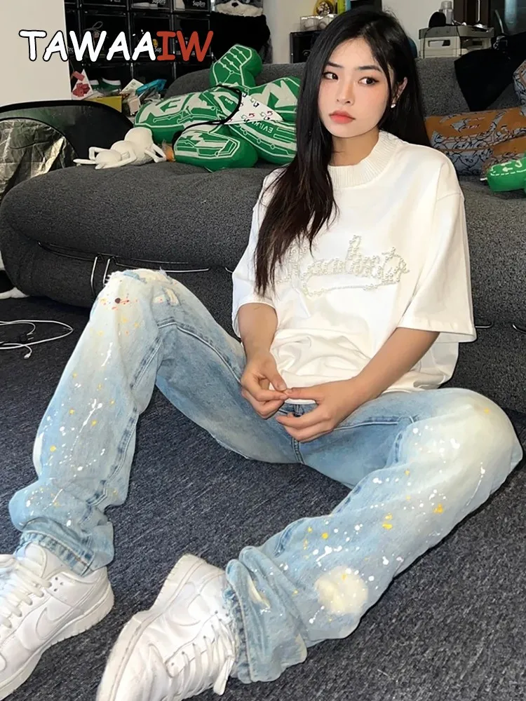 

Tawaaiw American Retro Splashing Ink Wash Jeans Women Hight Waist Loose Y2k Vintage Demin Pants High Street Trousers Autumn 2022