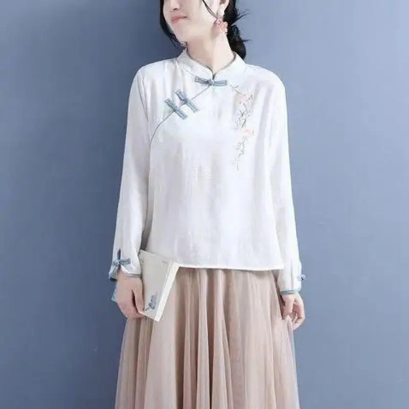 Vintage Embroidery Shirts Women Long Sleeves Casual Tops Chinese Style Button Linen Top Traditional Women's Wear Tea Clothing