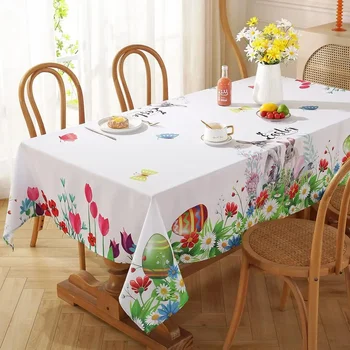 Tovaglia pasquale Tavolo rettangolare Lavabile Copritavolo primaverile stampato con uova di Pasqua colorate Conigli Tavolo da pranzo Decorazioni per feste 1