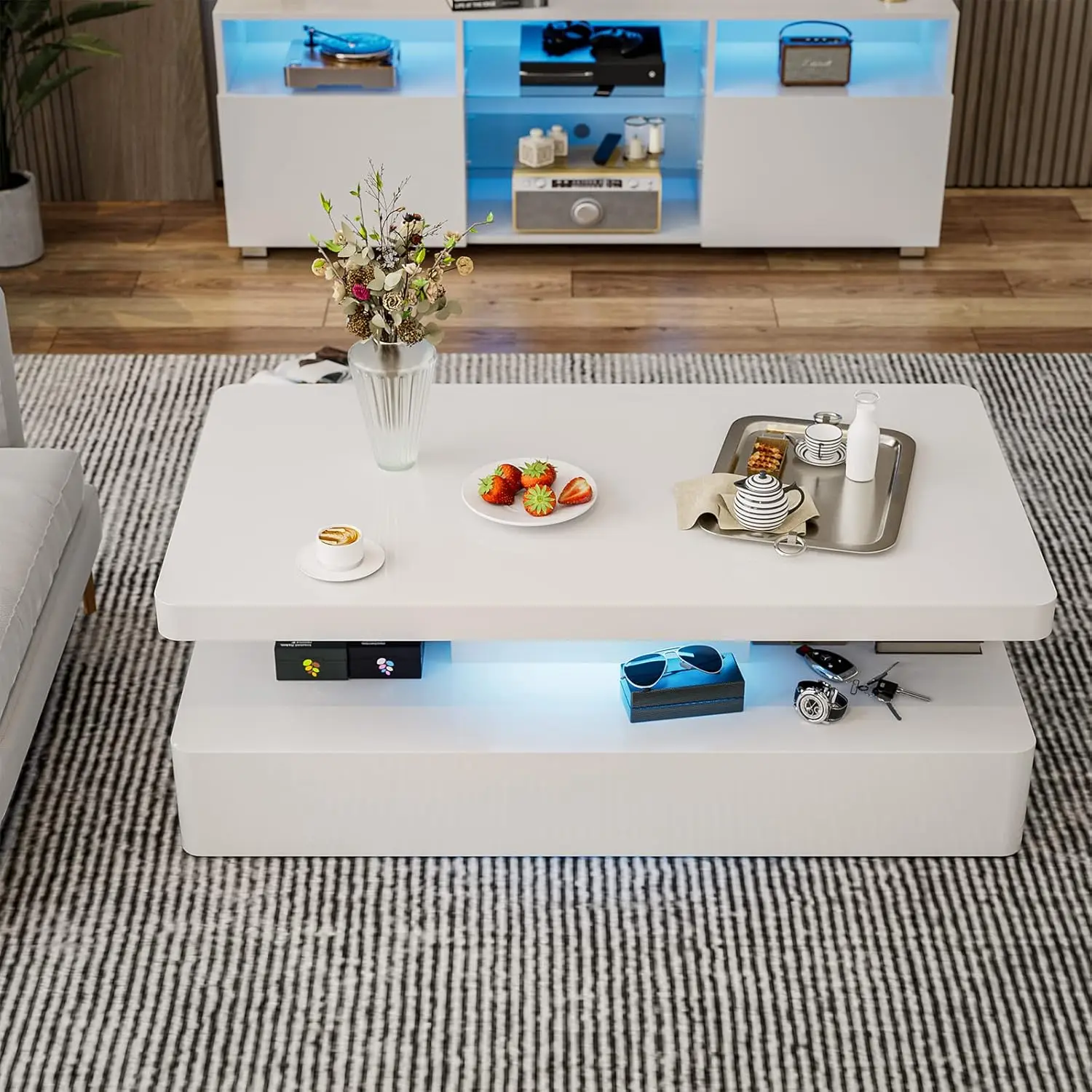 LED High Glossy Coffee Table Modern Coffee Table for Living Room 2 Tiers Rectangle Design Coffee Table with 16 Colors LED Lights 5