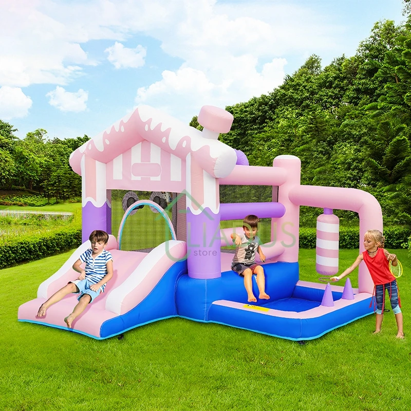 어린이용 에어 바운스 하우스, 공기 주입식 성, 슬라이드 풀, 어린이 야외 게임 플레이 하우스, 안뜰 핑크 바운시 성 