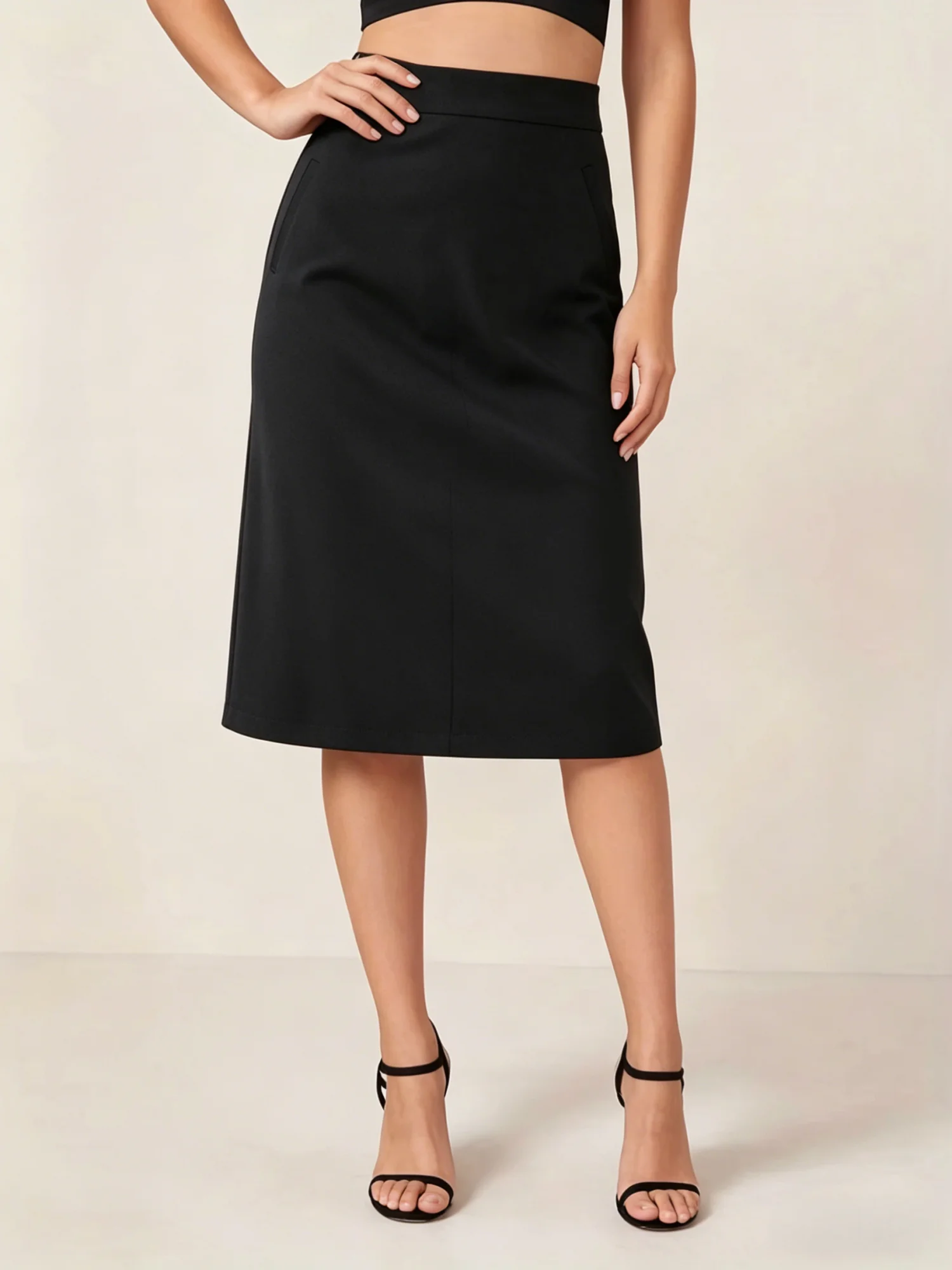 Women's Midi Skirt High Waist Straight A Line Pockets Black Casual Skirts Spring Summer Office Formal Wear Elegant 3