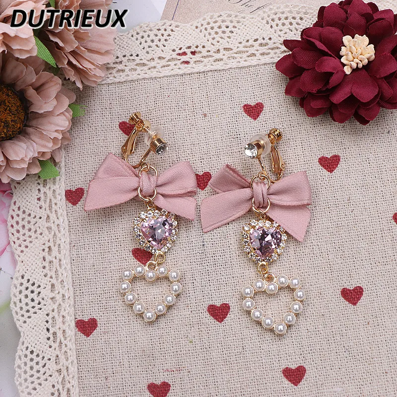 

Милые серьги в японском стиле, бант для милых девушек, женские серьги с искусственным жемчугом, модные серьги в форме сердца, аксессуары