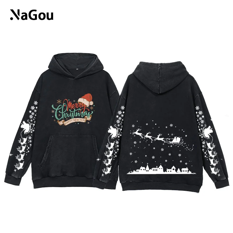 

Рождественские толстовки для мужчин и женщин, зимний свитшот с принтом снеговика, в готическом стиле, с капюшоном, стирается под кислоту, Детская уличная одежда, пуловер с Санта-Клаусом