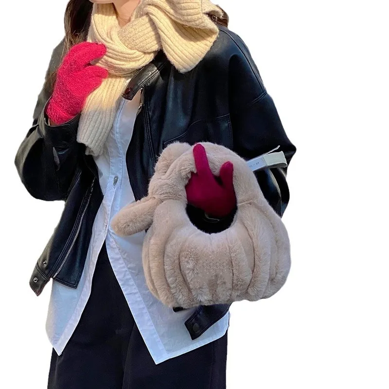 Autumn-Winter Plush Cloud Clutch Women's Solid Color Wrinkled Tote, Multi-Functional Faux Fur Square Purse for Casual & Evening