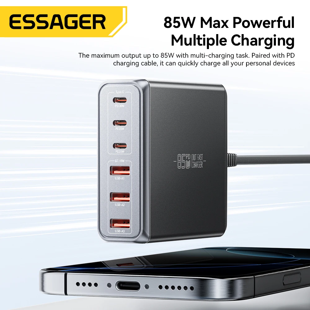 Essager Charger 6 Ports GaN 85W For iPhone