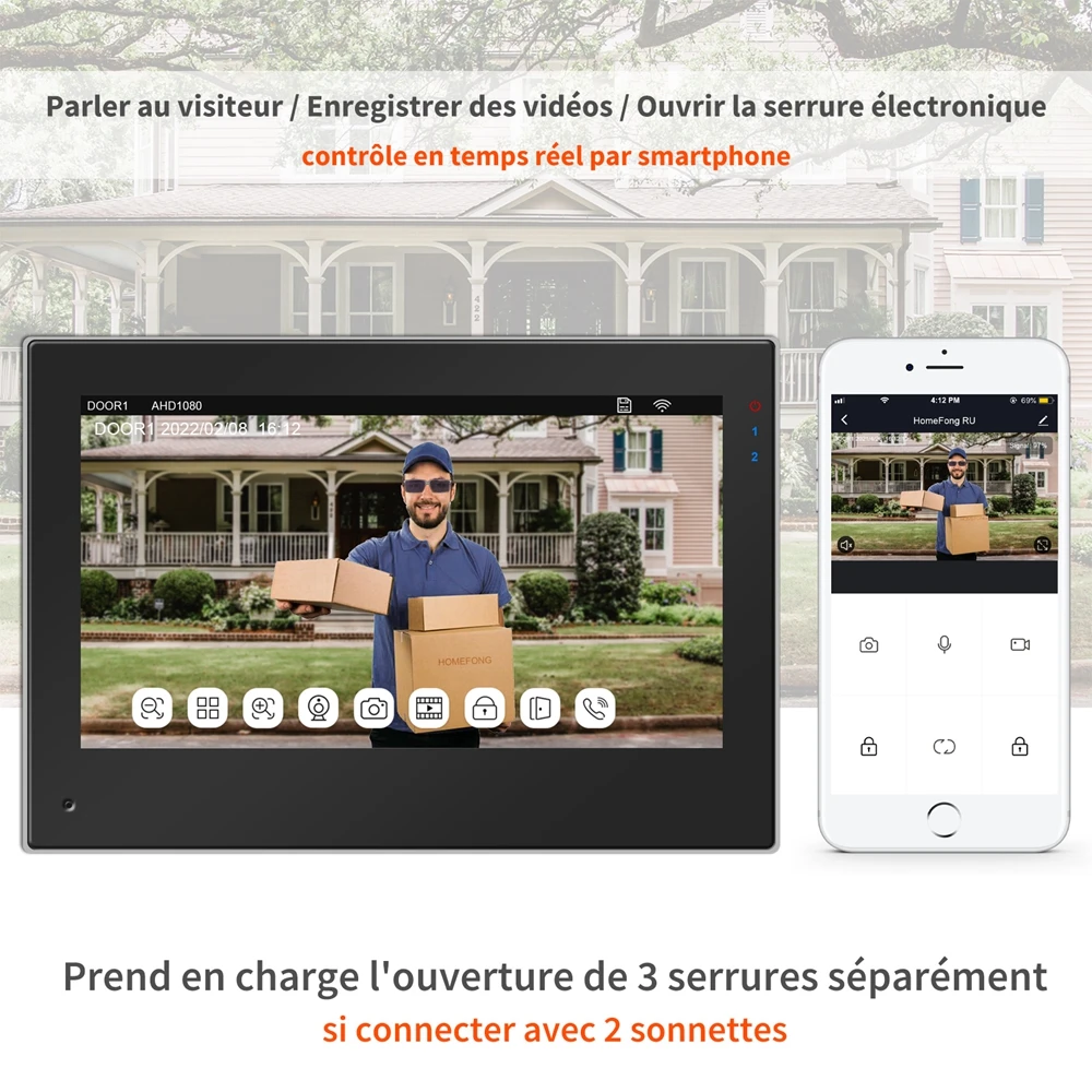 Interphone vidéo 1080P Visiophone sans fil Portier moniteur 5 pouces  version Android Caméra de surveillance à distance par smartphone