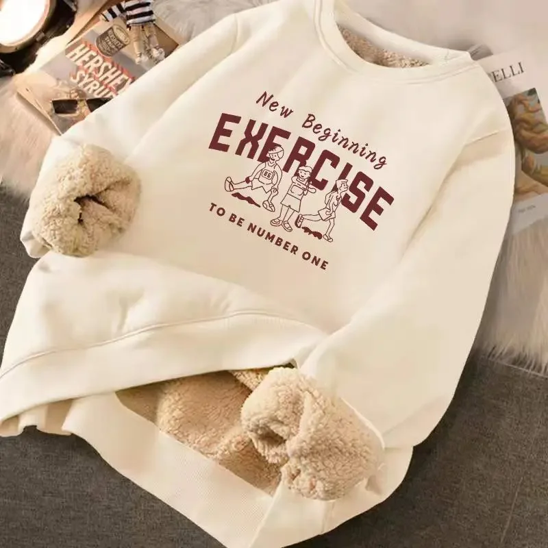 

Sweatshirt Women's Winter Loose Letter Print Plush Thick Hooded Sweatshirt Warmth Padded Warm Fleece Lined Pullover Sweater Top