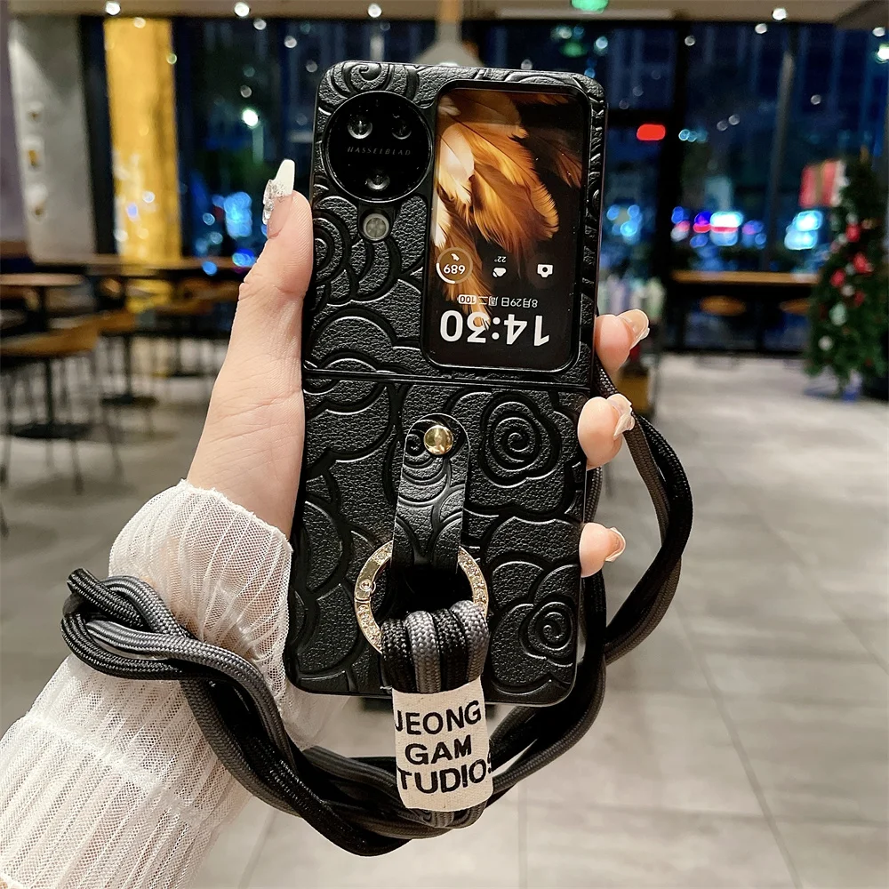 Camellia Diy Phone Case For OPPO Find N2 N3 Flip Long Lanyard Protective Shell Cover