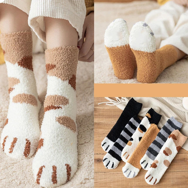 1Pair Women Coral fleece Socks Short Socks Sleep Sock Floor Cat Paw Socks  Fluffy