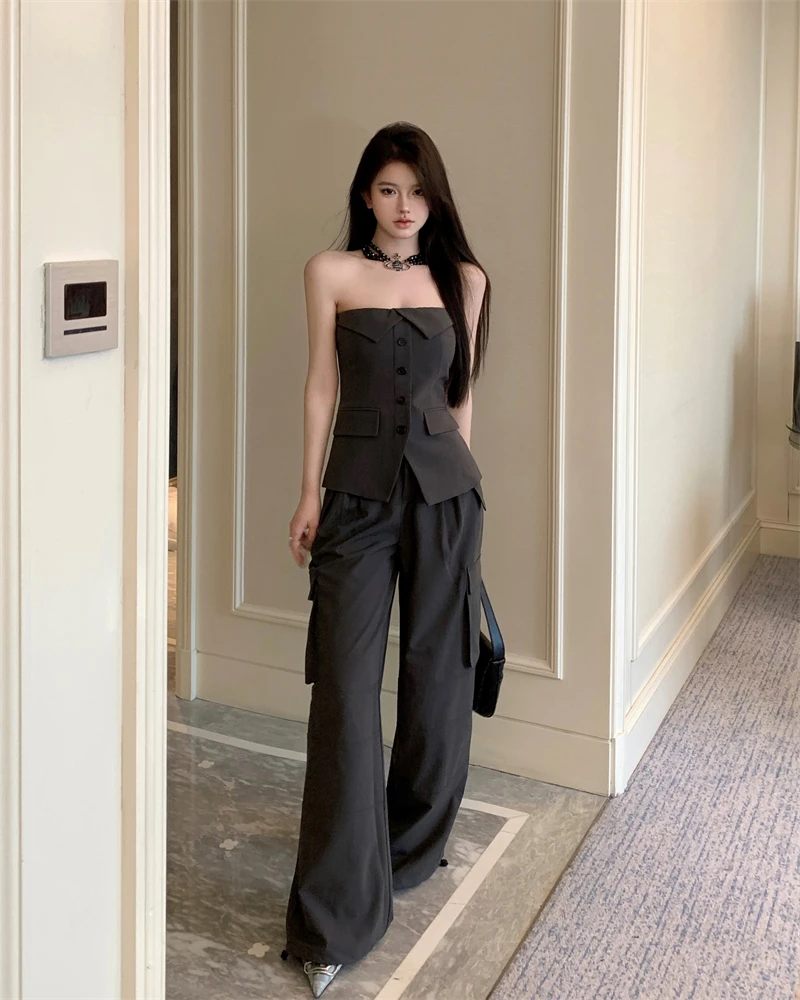

Woman's Summer Vintage Suit Tube Top Frock Casual Pants Suit Solid Single-breasted Lapel Vest Wide-leg Pants Two-piece Suit Set