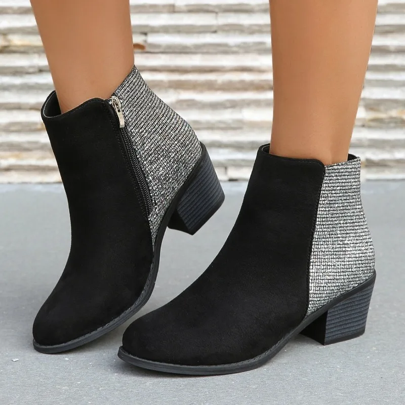 

Ladies Shoes 2023 High Quality Side Zipp Women's Boots Fashion Color Matching New Square Heel Ankle Boots Shoes Female Zapatos