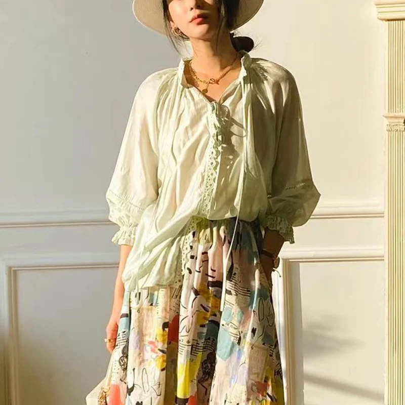 

Элегантная шикарная блузка GypsyLady на весну и лето, женская блузка с длинным рукавом-фонариком и шнуровкой, ажурный офисный женский топ 2022