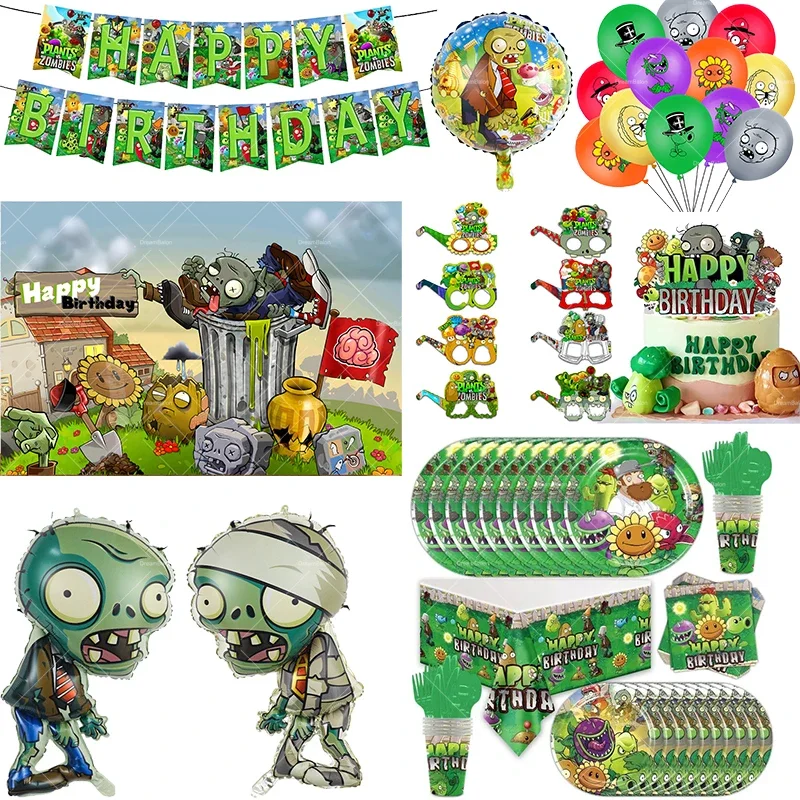Cartoon Game Party Decor Set with Balloons, Banner, and Tableware