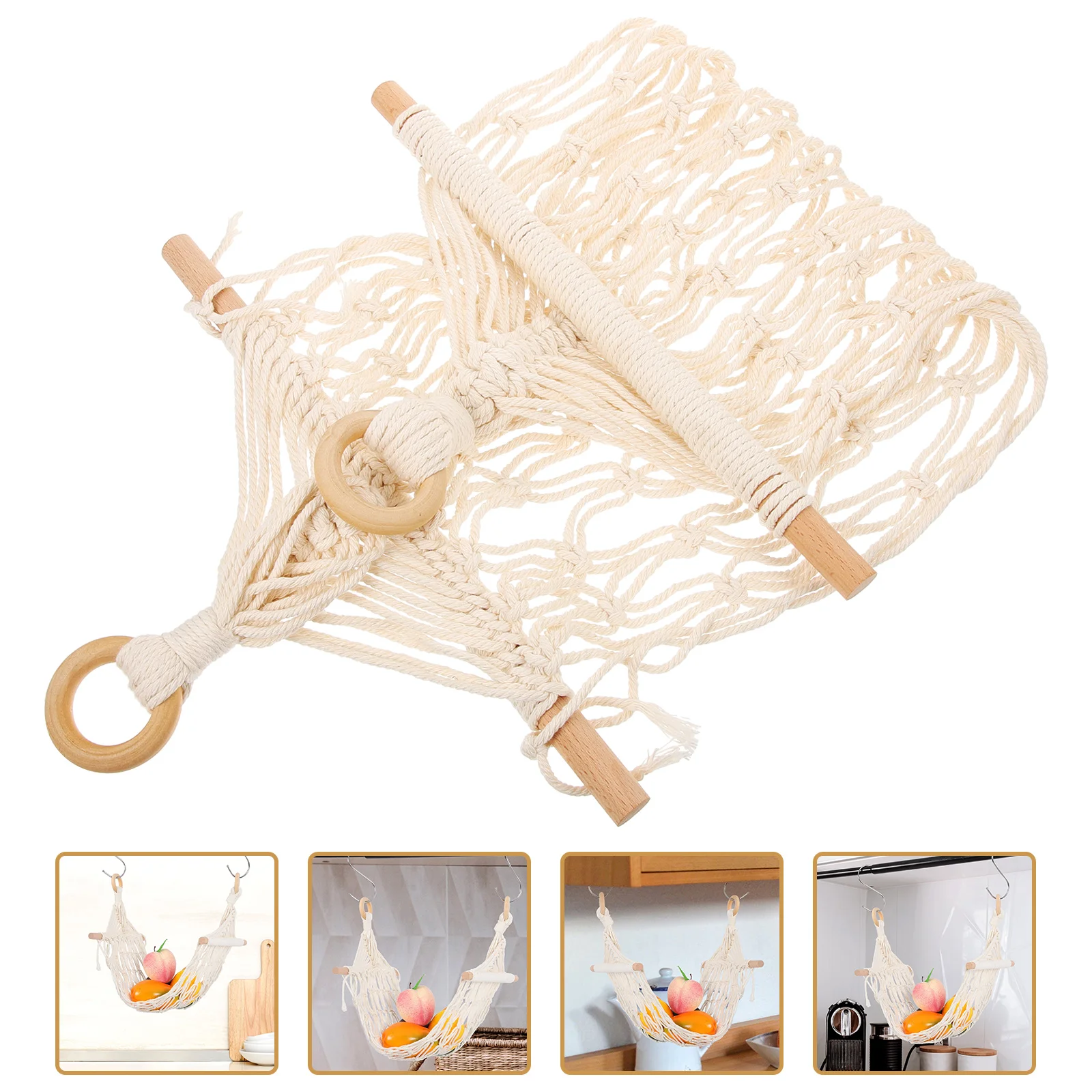 

Macrame Fruit Hammock Kitchen Under Cabinet Hanging Fruit Basket Handwoven Banana Net Bag