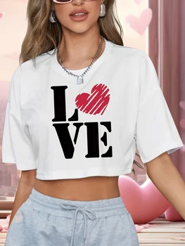 Valentines  Graphic Print Cropped Crew Neck Top - Soft Slight Stretch Polyester Fabric Short Length Semi-Sheer Casual Fashion 1