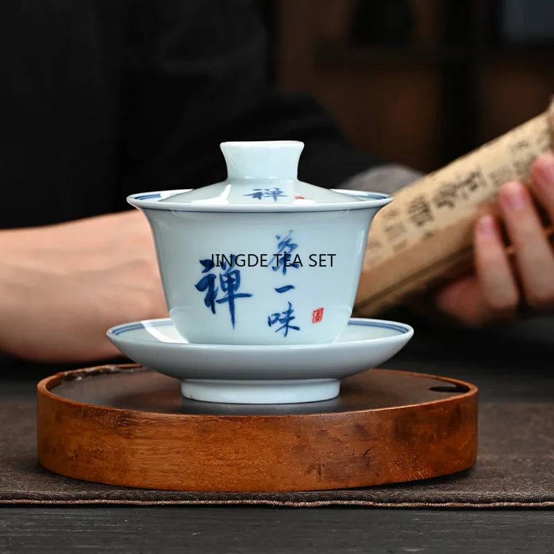 160ML creative hand-painted blue and white porcelain hovering lid bowl retro underglaze color kung fu tea set