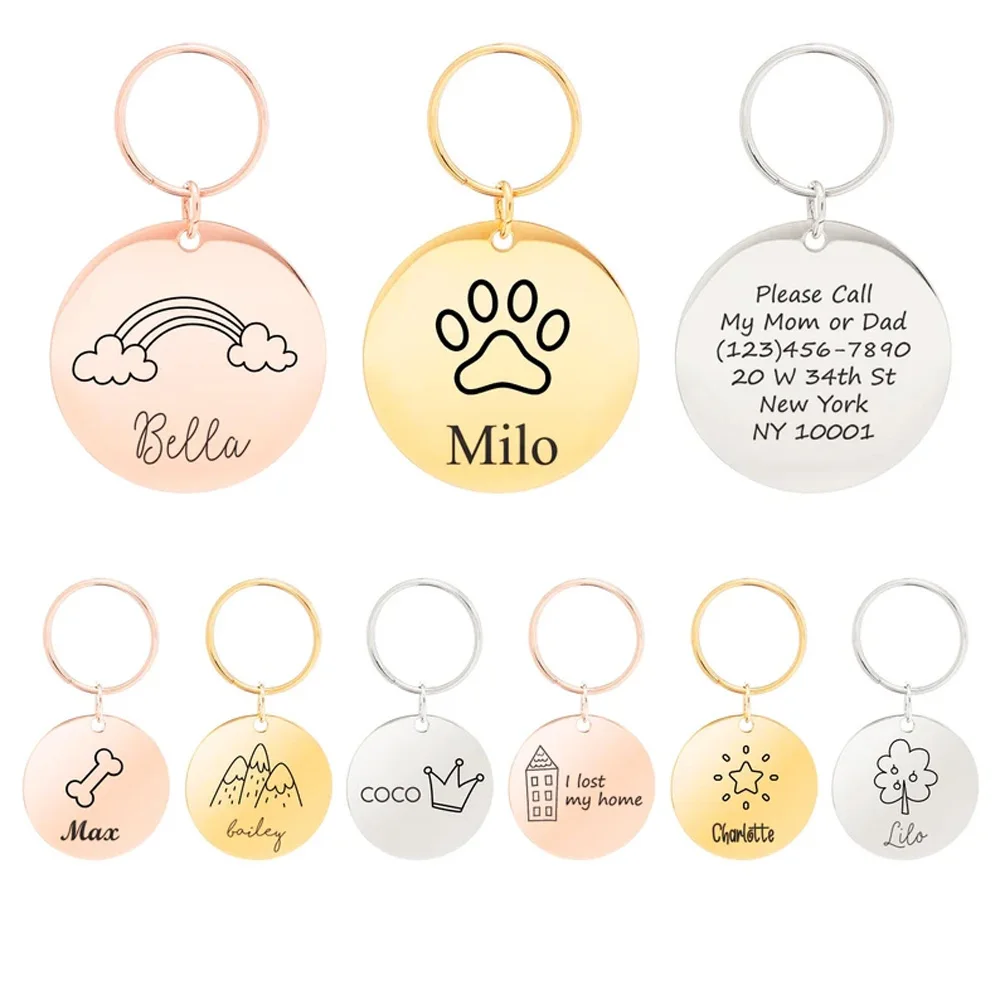 Personalized Engraved Symbol Pattern Name Keychain Pet Key Chain Custom Stainless Steel Car Key Anti-lost Round Pendant Keychain tumbeelluwa 1lot 5pc polished round palm stone engraved solomon symbol balancing healing reiki crystal set