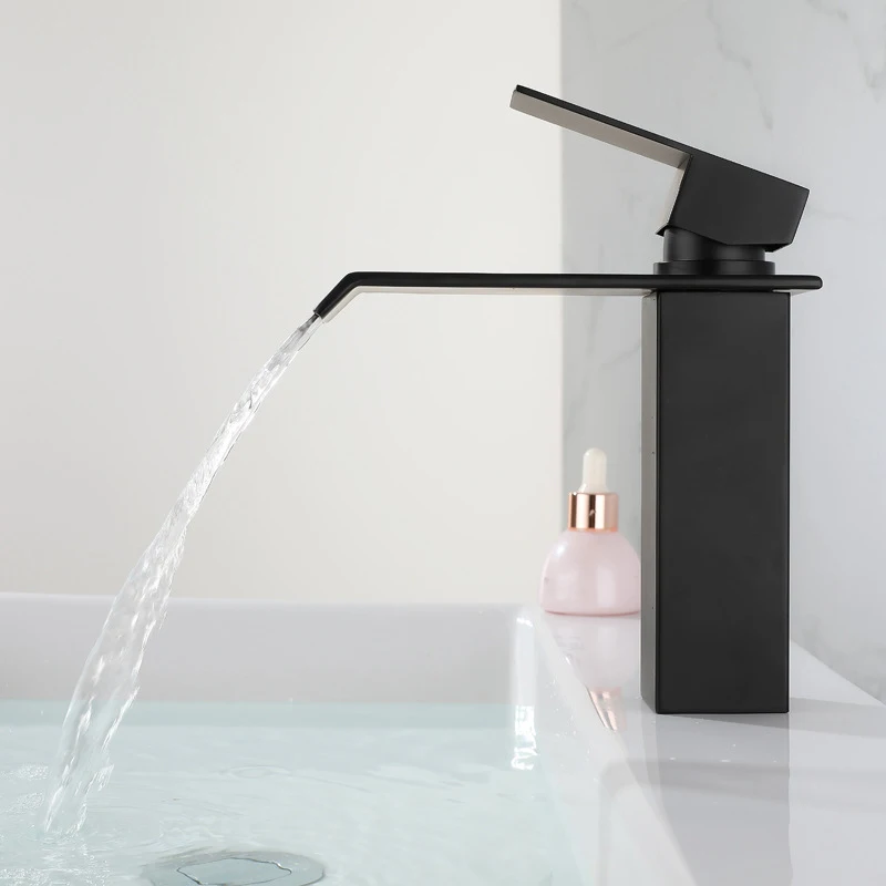 

Waterfall Basin Faucet Deck Mounted 304 Stainless Steel Brushed Black Silver Sink Tap Hot & Cold Water Mixer Bathroom Vanity Ves