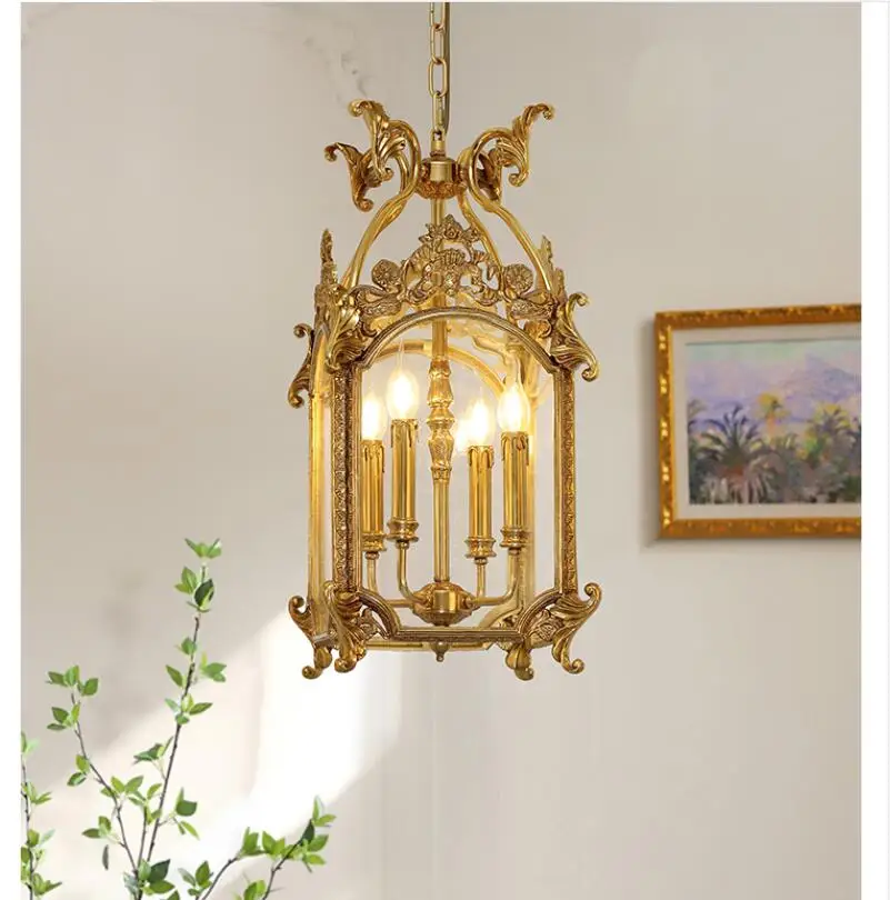 

Luxury Copper Glass Corridor Aisle Restaurant Bar Shop Cylinder Solder Birdcage Chandelier Lamp D30cm H62cm Candle Hanging Light