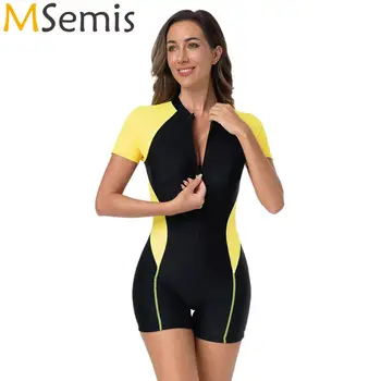 Womens One Piece Sport Swimsuit Short Sleeves Chest Pads Boyleg Zipper Swimwear Modest Rash Guard Bodysuit Swimming Bathing Suit