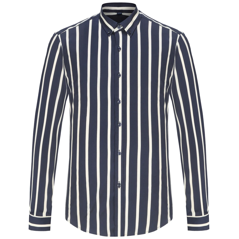 Men's Lightweight Long Sleeve Color Block Striped Dress Shirts Wrinkle-Resistant Standard-fit Youthful Button-down Casual Shirt