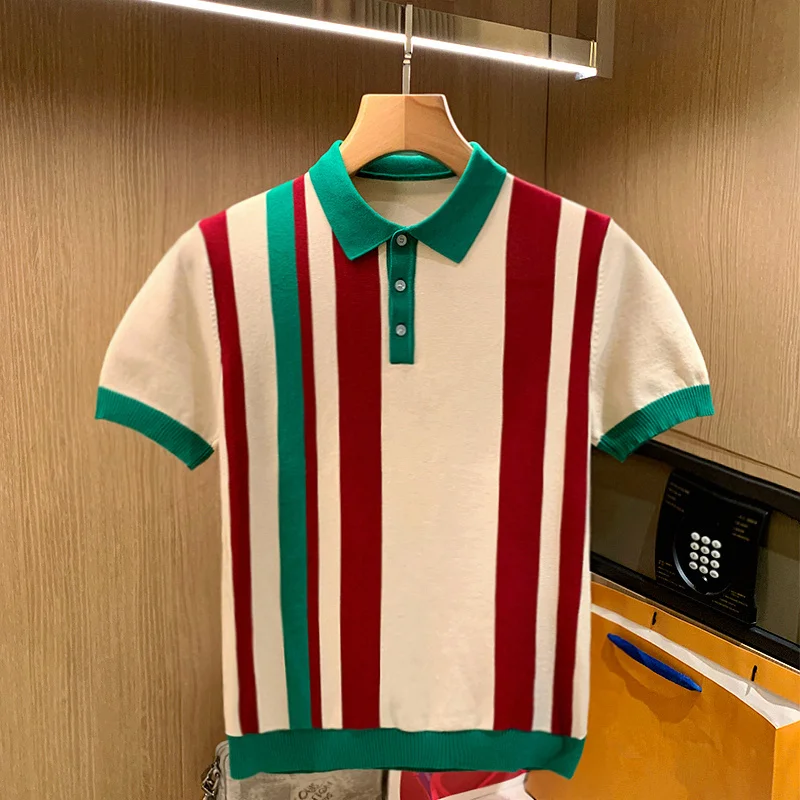 

2023 Spring Men Short Sleeve Polo Contrast Color Stripes Lapel Top Korean Slim Knit High Quality Shirt G97