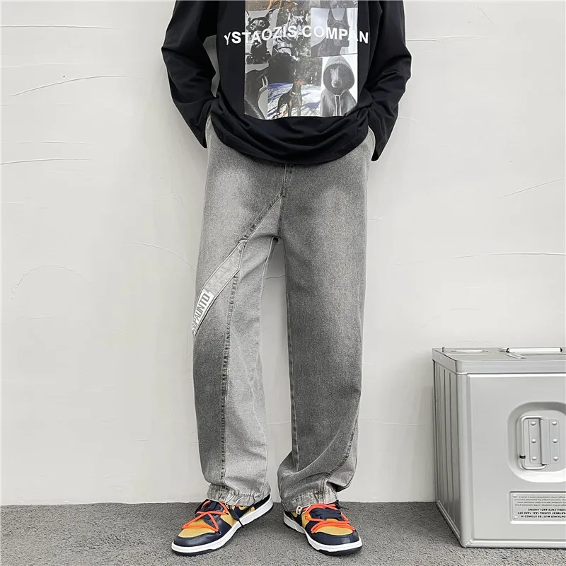 Stitching Jeans Men's KoreanStyle Loose Casual Straight-Leg Ins Fashion Brand Retro High Street Personalized Drawstring Trousers
