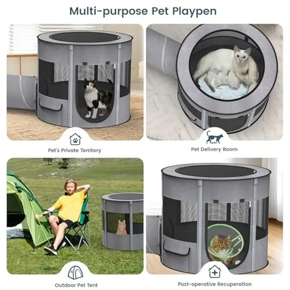 Portable Cat Playpen Tunnel 3-in-1 Foldable Puppy Pen Waterproof Bottom 2-Room Separable Pet Tent Enclosed Mesh Separable Doors