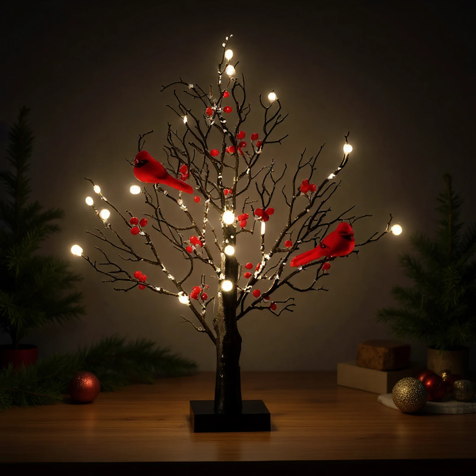Vintage Glowing Tree W/ Cardinals Lighted Mini Birch Tree Twinkle Tree Lamp for Tabletop Centerpiece Christmas Indoor Home Decor