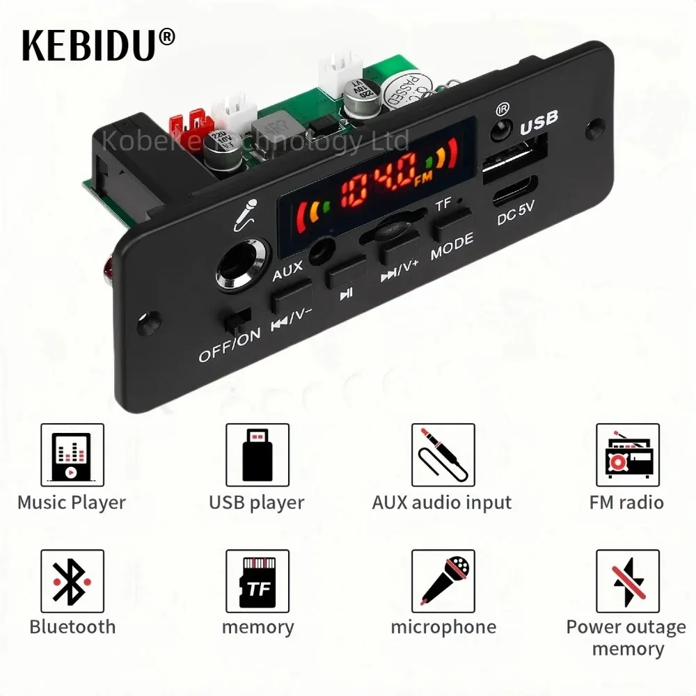 Car Multimedia Player 10W Amplifier Bluetooth 5.0 MP3 Decoder Board 5V USB FM Recording