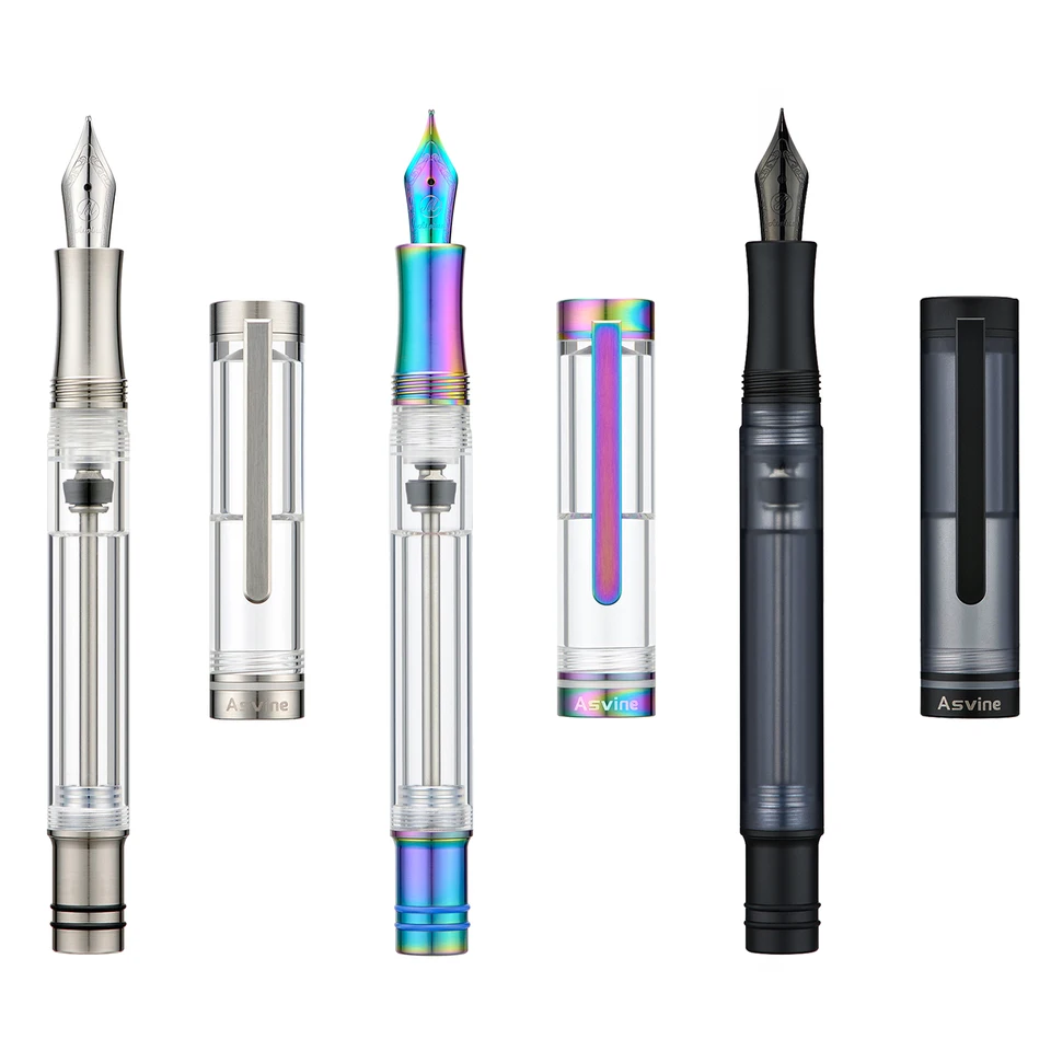 Asvine V200 Vulpen, titanium, vacuümvulling, Bock, extra fijne penpunt, helder, transparant, acryl, glad, schrijven, etui Asvine V200 Vulpen, titanium, vacuümvulling, Bock, extra fijne penpunt, helder, transparant, acryl, glad, schrijven, etui