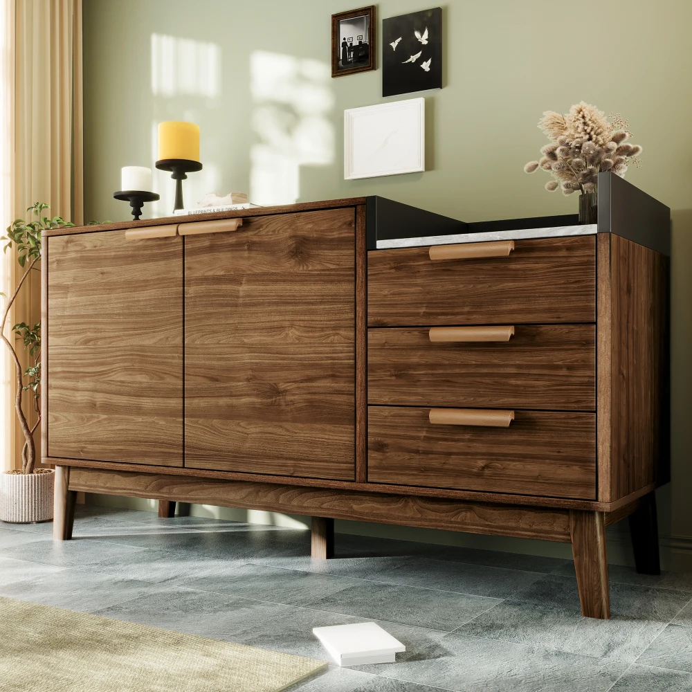 Wohnzimmerkommode mit Eichenholz-Dekor – mit Marmoroptikplatte, offenem Regal + 3 Schubladen und Doppeltürschrank, Beine aus massivem Holz – Detail 16