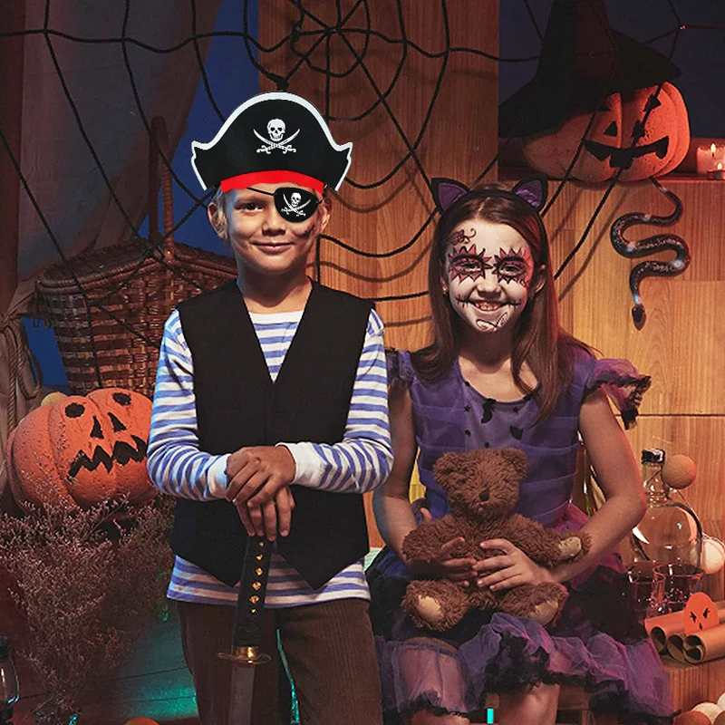 12Pcs Pirate Captain Hat Skull Print Eye Patch Children Adult Halloween Party Cosplay Costume Cap Decoration Props Kids Birthday