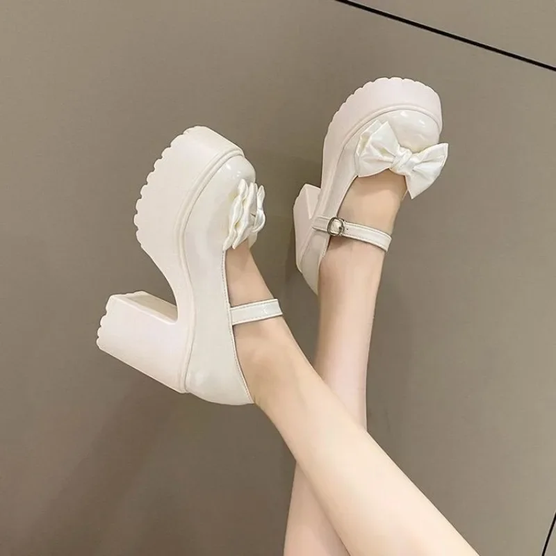 White Round Toe Platform High Heels Women Mary Jane Shoes Retro Bows Elegant Chunky Heel Women's Wedding Shoes 4