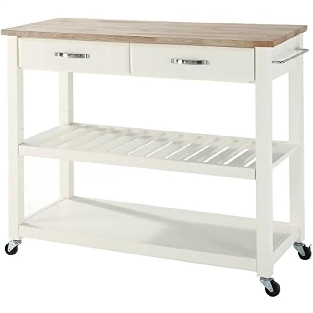 

Mobile Kitchen Cart with Natural Wood Top Locking Casters Raised Panel Doors Spacious Drawers White Wood Tiered Shelf Metal