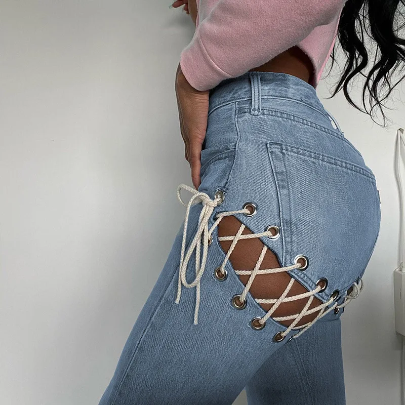 Sexy Hollow Drawstring Jeans Light-colored High-waisted Straps Washed Trousers Casual Skinny  Pants for Women Fashion Clothes