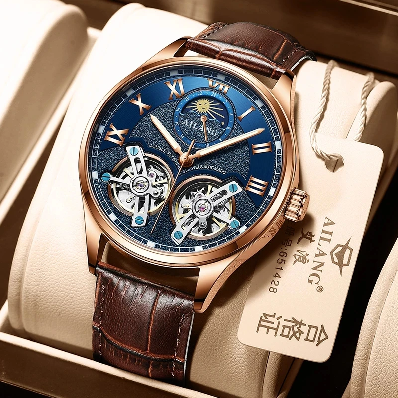 Mechanical Watch Business Watch Link AILANG Double Tourbillon Design Business Men Mechanical Watch Fashion Leather Moon Phase Automatic