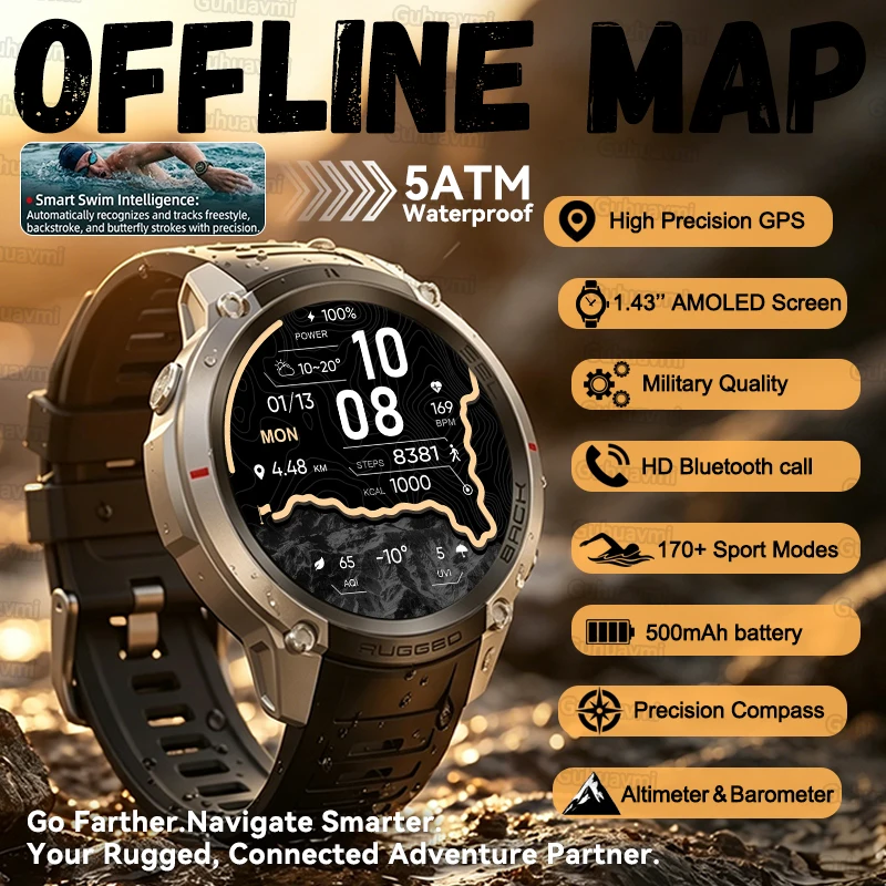 Smartwatch da uomo con GPS, orologio di alta gamma, impermeabile per il nuoto, sensore a sei assi, GPS ad alta precisione, bussola, Smartwatch sportivo.