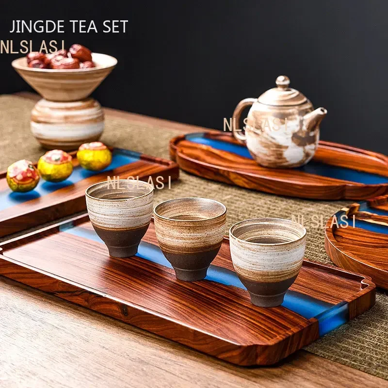 Light Luxury Solid Wood Tray Household Resin Tea Tray Decorative Teaware Storage Supplies Living Room Coffee Table Decoration